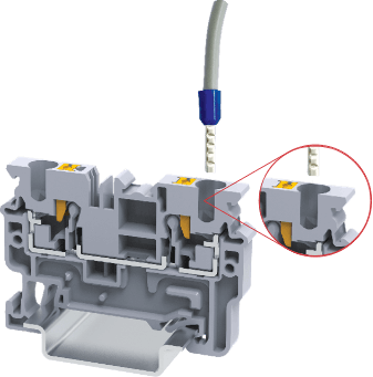 cross section of push in DIN rail mounting terminal, showing benefit of large wire entry point